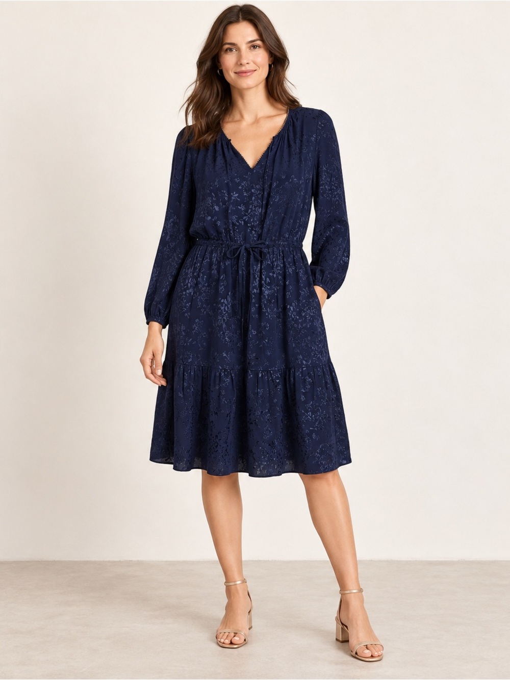 Gerard Darel Navy Floral Jacquard Midi Dress EU 38 US 6 Tie Waist
